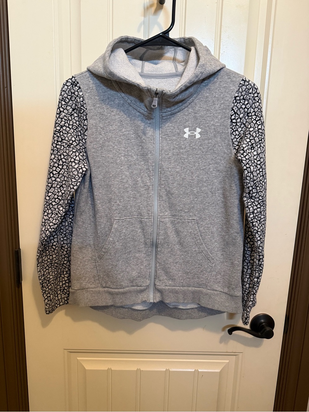 Under Armour Girls' Gray Hooded Zip Jacket with Patterned Sleeves
